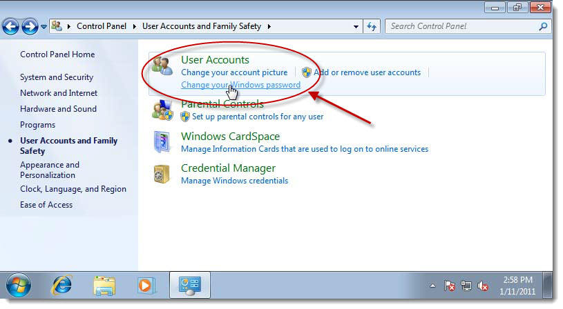 how to change user password on windows 7