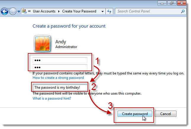create windows 7 login and password