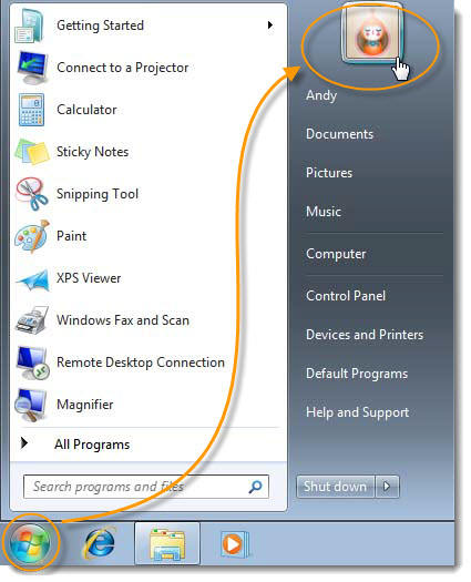 click username icon on start menu