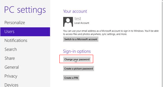 how to change account password on windows 8