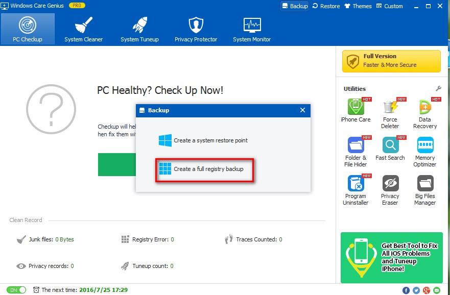 how to backup the registry