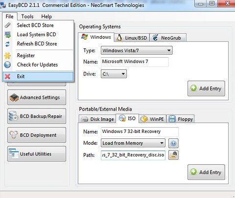 exit from file menu