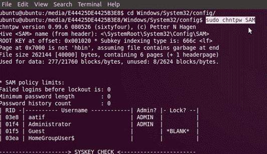 Switch to sudo Chntpw –u <user account name> SAM