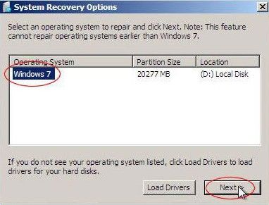 windows 7 system recovery options not showing operating system