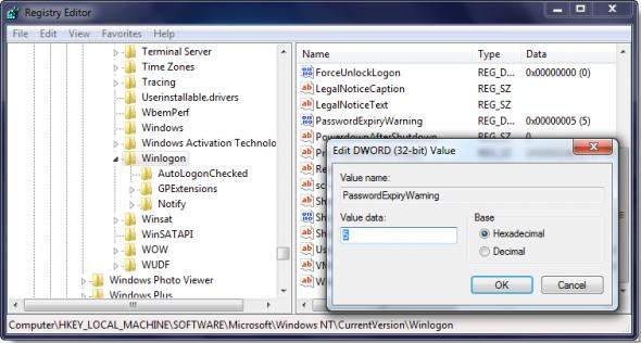 change the password expiry notice default period in Windows 7