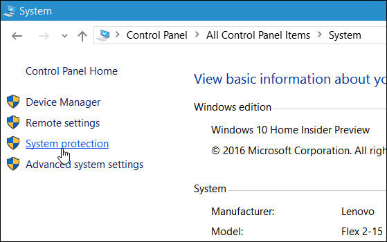system protection windows 10