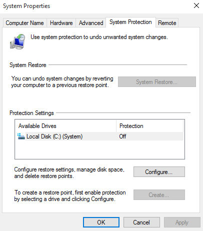 disable and enable system protection