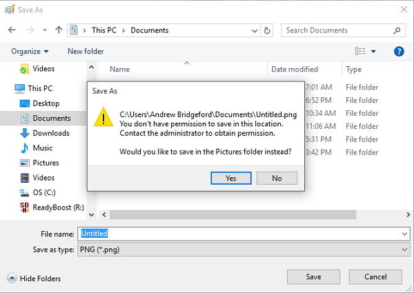 windows 10 says I don't have permission to save anything