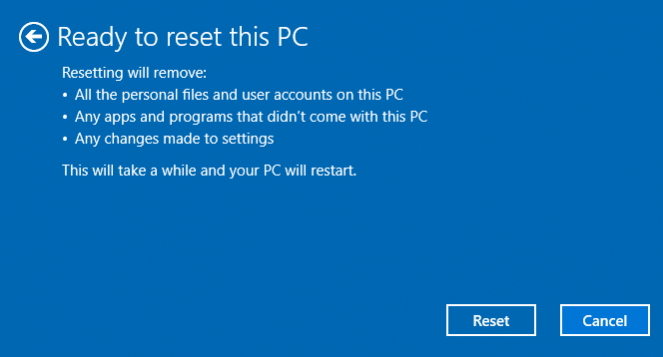 start factory reset windows 10