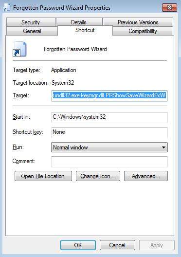 create a password reset wizard shortcut on windows 7 desktop