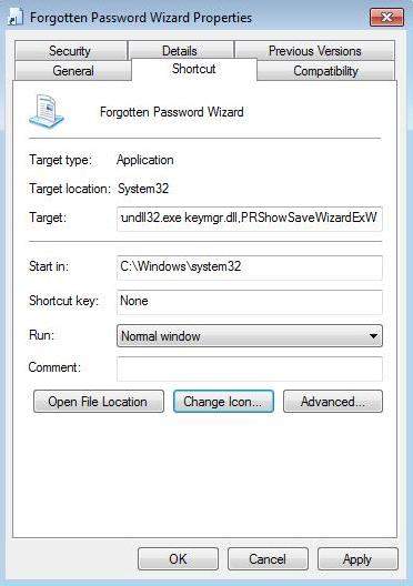 create a shortcut for password reset wizard in windows 7