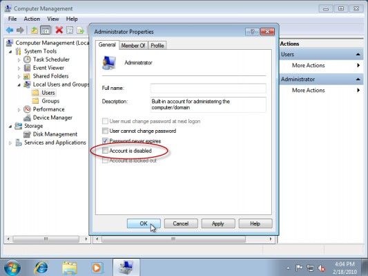 enable hidden administrator account in windows 7