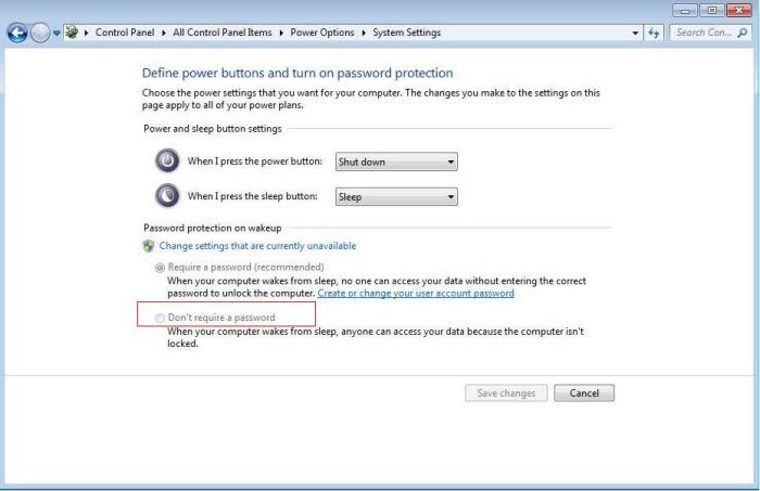 disable windows 7 password protection feature