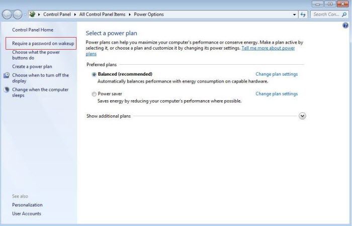disable windows 7 password on wakeup