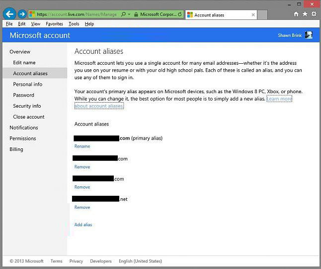 remove microsoft account aliases