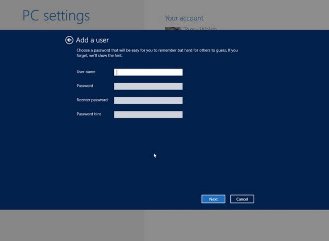 create windows 8 local account