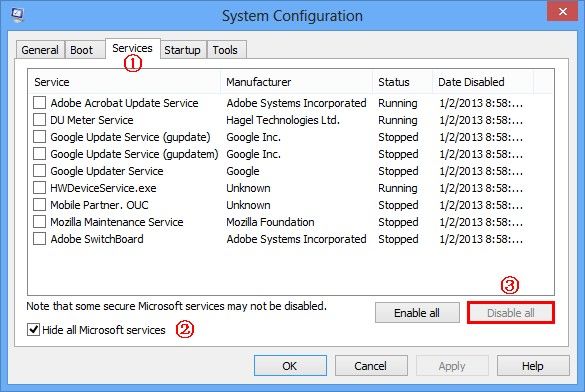 disable all Microsoft service running when start up