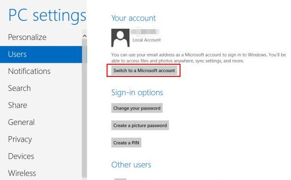 switch to a microsoft account in windows 8
