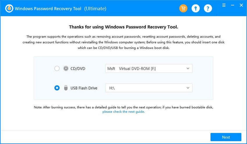 choose usb or cd to burn in windows password recovery tool