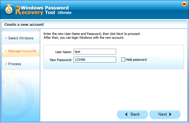 enter new user name and password